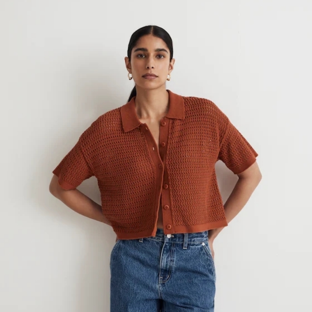 Madewell Rust Crochet Button-Down Sweater Tee